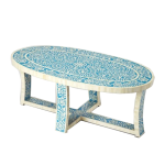 Oval Shaped Bone Inlay Floral Coffee Table in Blue