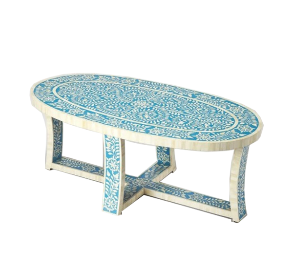 Oval Shaped Bone Inlay Floral Coffee Table in Blue