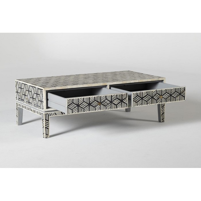 Bone Inlay Geometric Cubic Design Coffee Table with open Drawers