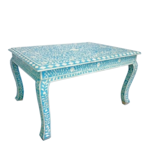 Blue Bone Inlay Coffee Table Table with Floral pattern and Curved Legs