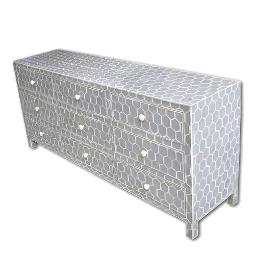 Grey Bone Inlay Dresser with Honeycomb pattern side view
