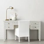 Bone Inlay 5 Drawer Desk in Celtic Grey with white chair