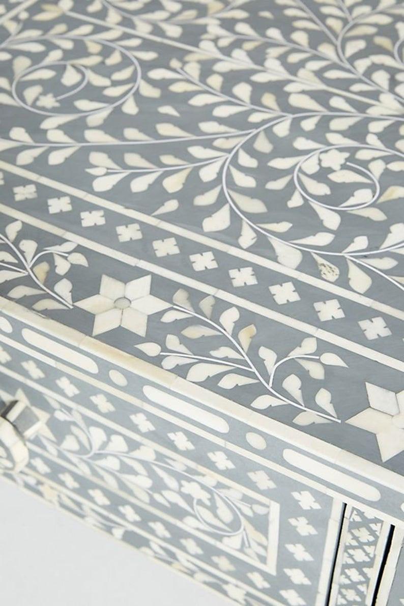 Closeup of Handmade Bone Inlay Floral Coffee Table in Grey