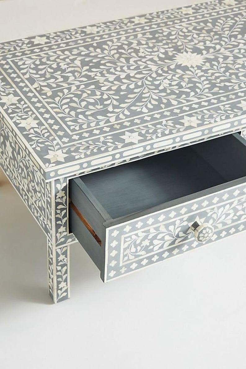 Handmade Bone Inlay Floral Coffee Table with an Open Drawer