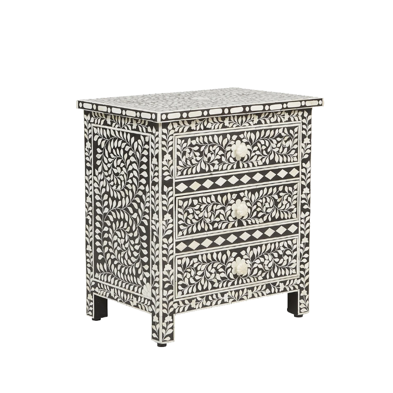Bone Inlay 3-Drawer Bedside Floral side